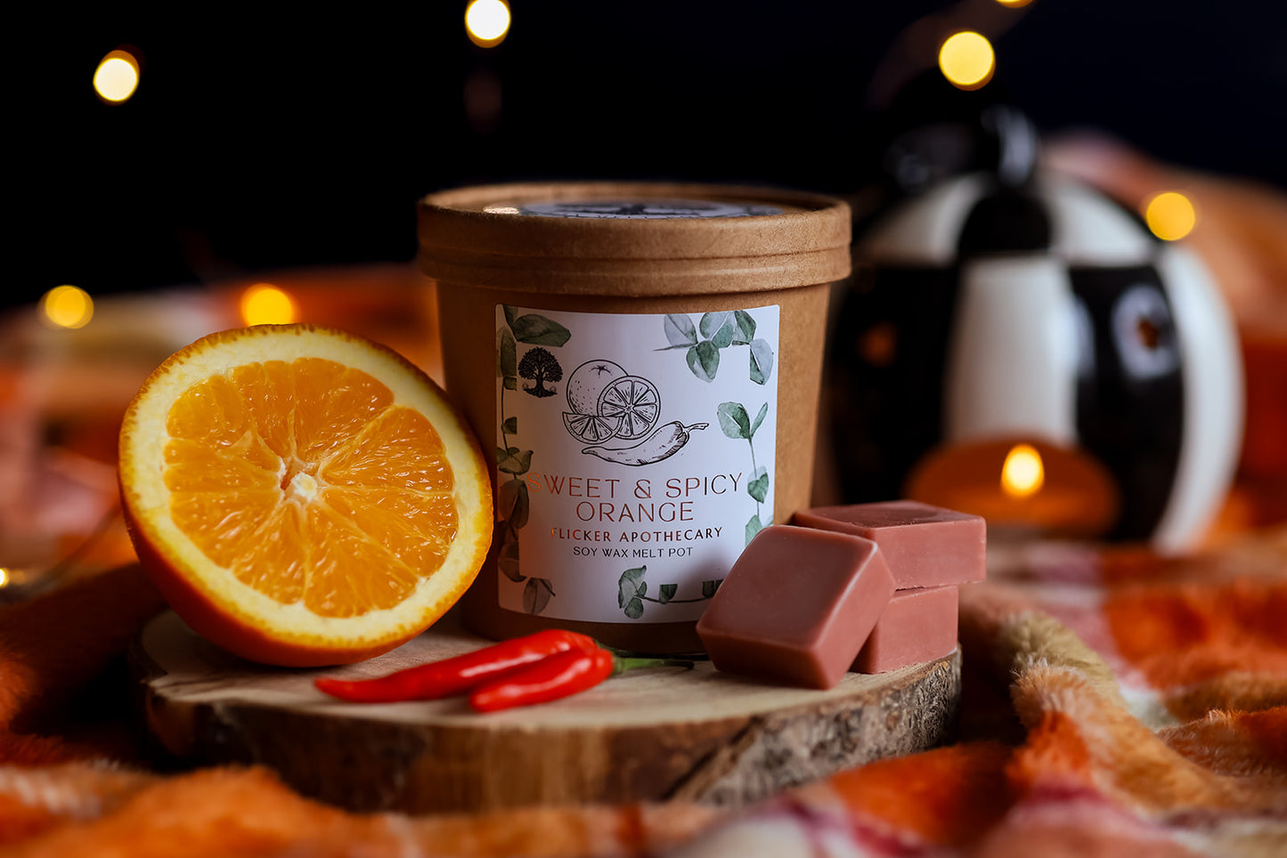 Sweet & Spicy Orange Wax Melt Pot โ 150g Soy Wax Melts in Reusable Muslin Pouch | Autumnal Fruity Scent