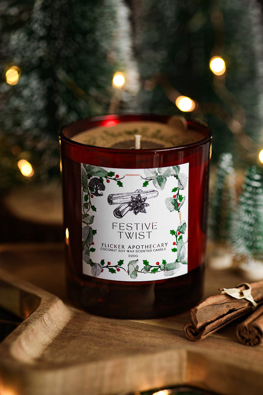 π Festive Twist Candle β 220g Coconut Soy Wax | Flicker Apothecary