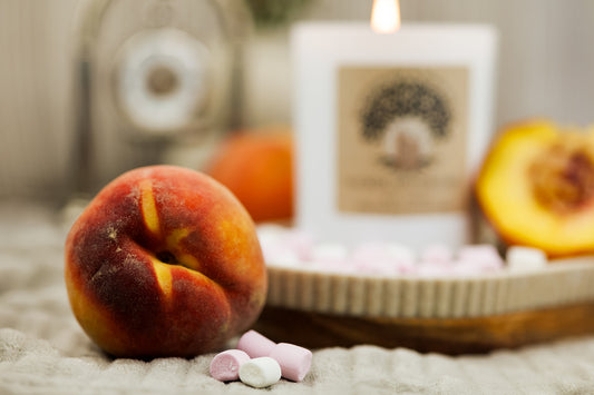 🍑 Marshmallow & White Peach Candle – 220g Coconut Soy Wax | White Gloss Glass Jar | Flicker Apothecary