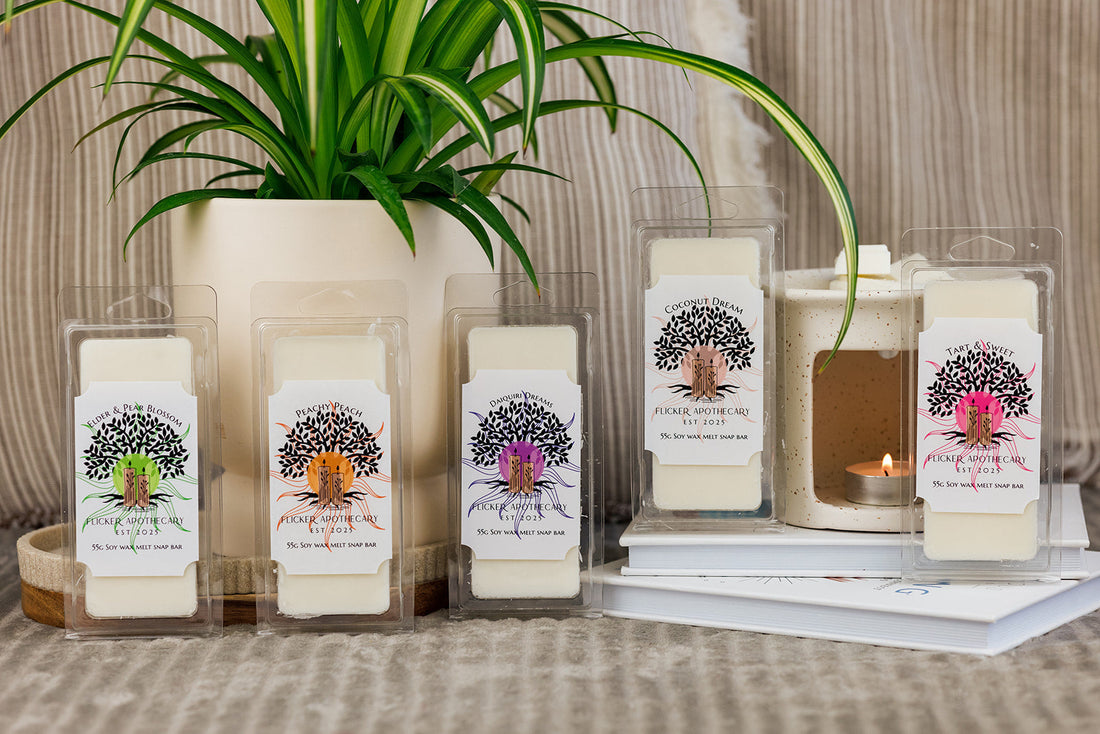 Range of wax melt snap bars by Flicker Apothecary including scents such as Tart & Sweet, peachy peach and Daiquiri Dreams 