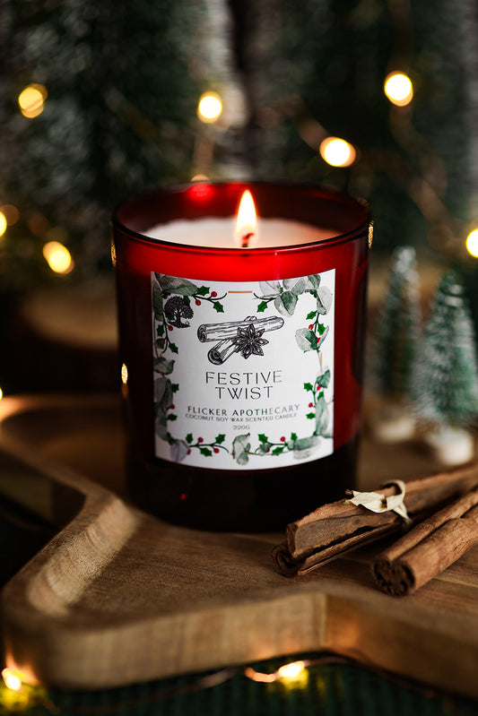 🎄 Festive Twist Candle – 220g Coconut Soy Wax | Flicker Apothecary