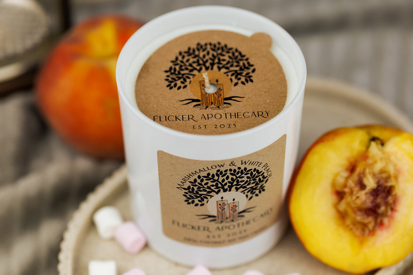 Marshmallow and White Peach 220g Coconut Soy Wax Candle