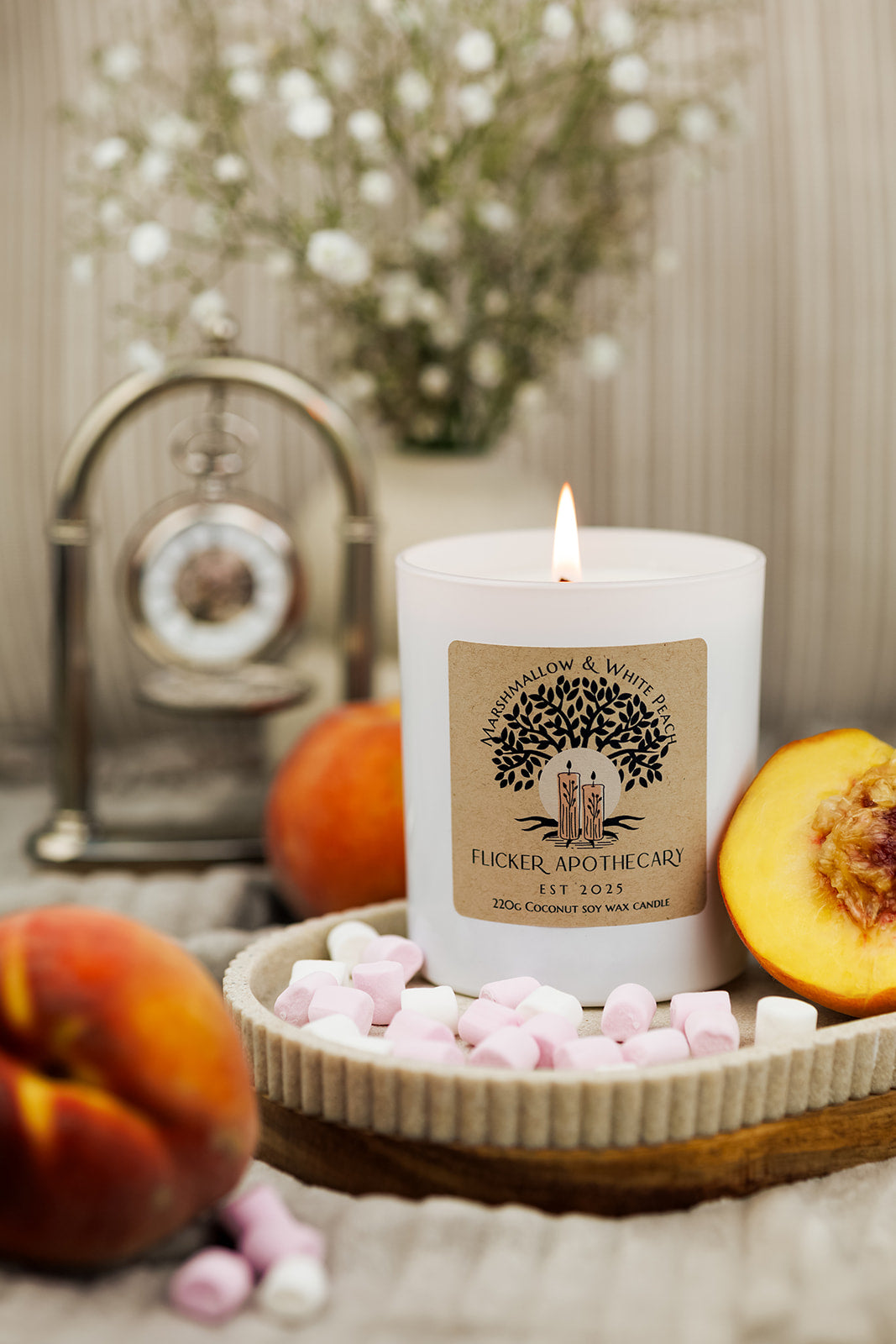 Marshmallow and White Peach 220g Coconut Soy Wax Candle